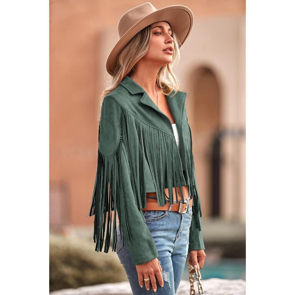 🆕Women's Green Fringe Faux Suede Leather Jacket Tassel Cropped Fal 2025 Coat - Picture 3 of 9